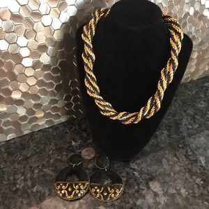 Gold Tone Finish and Velvet Rope Necklace Earrings